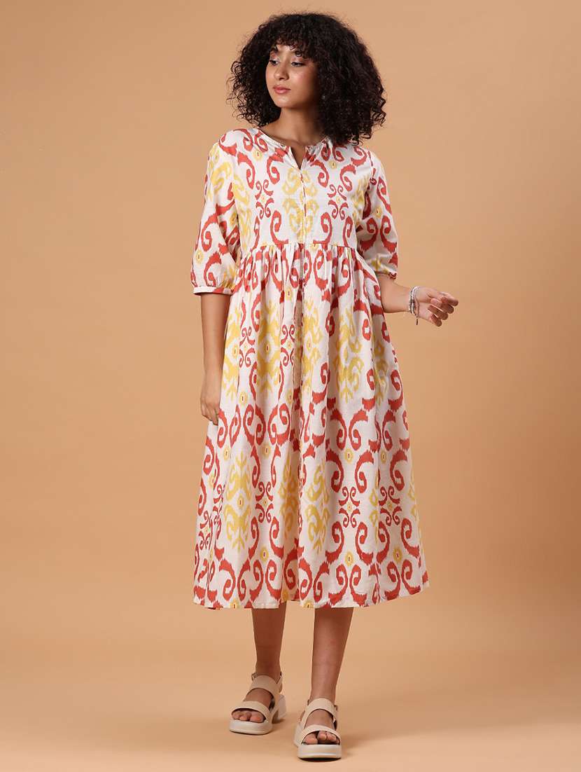 women printed puff sleeve fit & flare dress