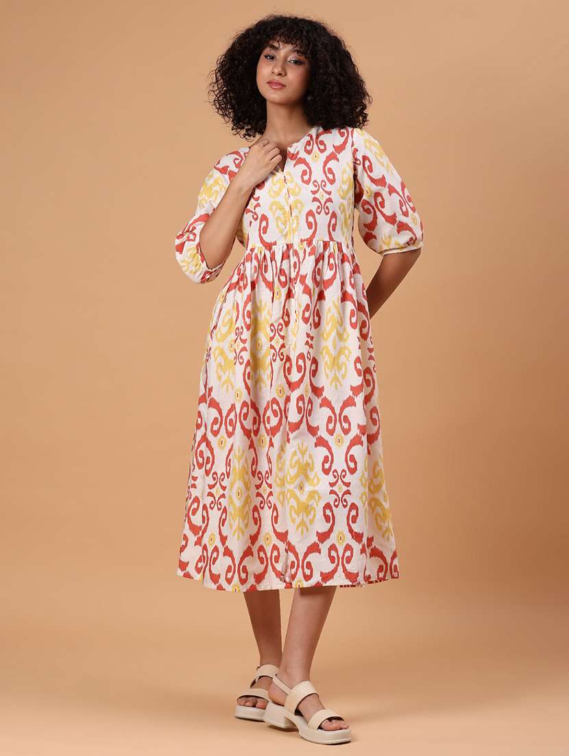 women printed puff sleeve fit & flare dress - 21956593 -  Standard Image - 1