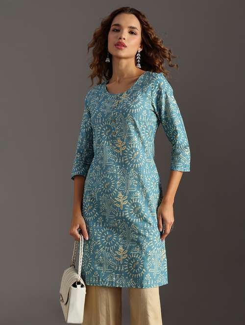 women printed three quarter sleeve straight kurta - 21956611 -  Standard Image - 0