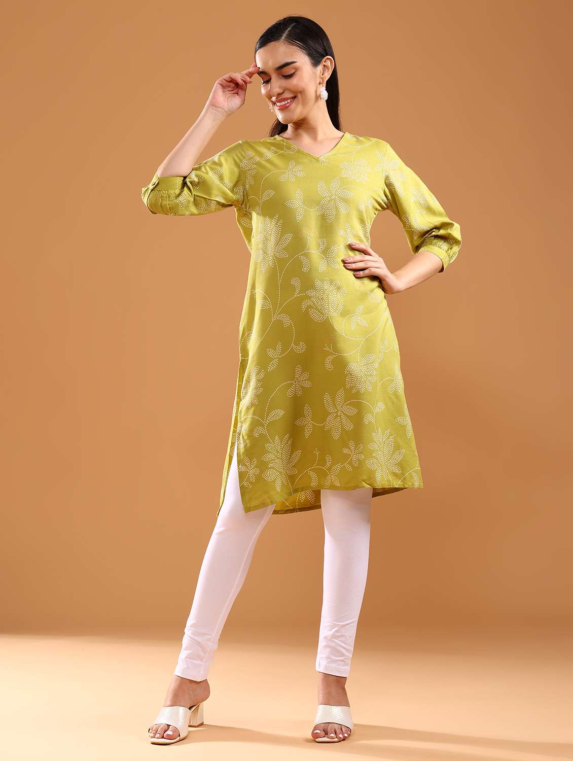 women printed puff sleeve straight kurta - 21956612 - Standard Image - 1