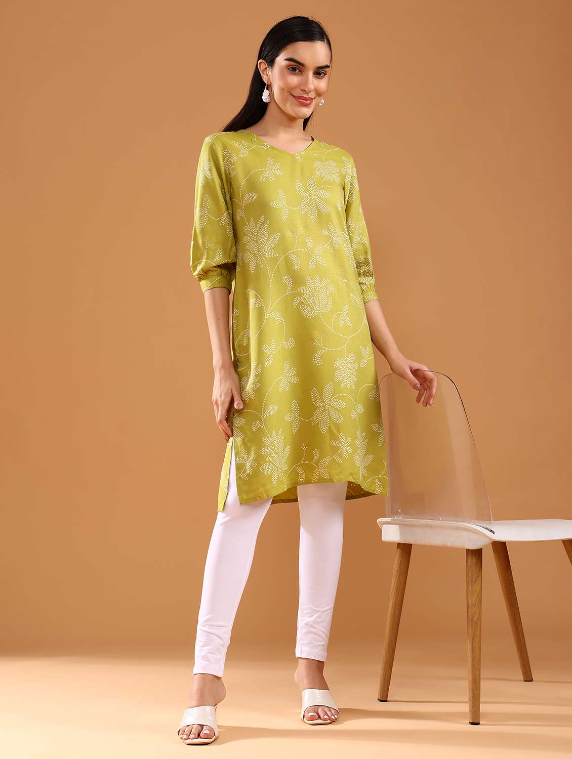 women printed puff sleeve straight kurta - 21956612 - Standard Image - 6