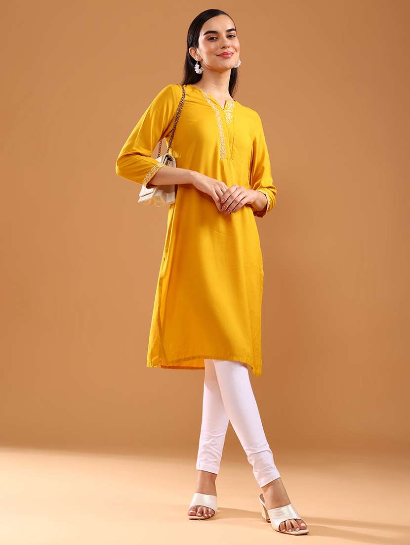 women three quarter sleeve straight kurta - 21956613 -  Standard Image - 1