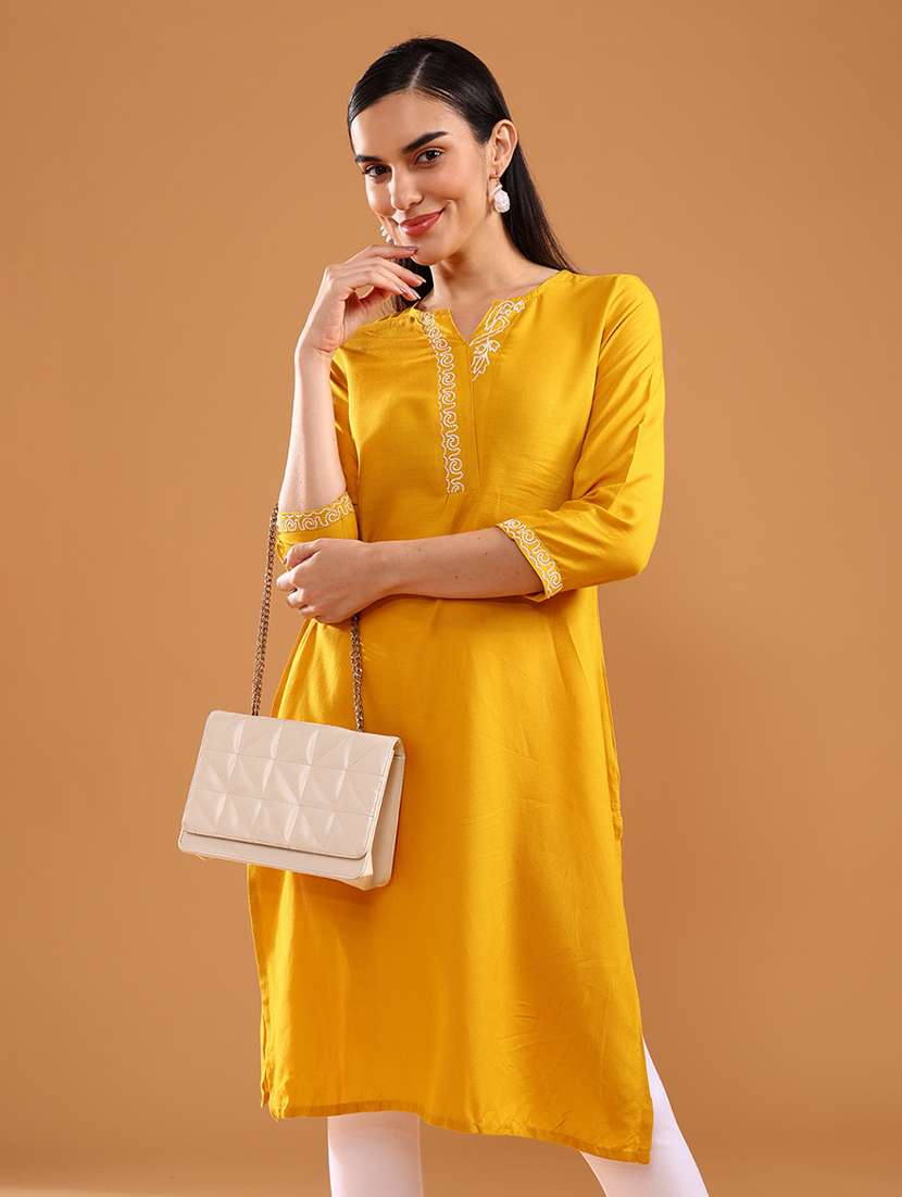 women three quarter sleeve straight kurta - 21956613 -  Standard Image - 4