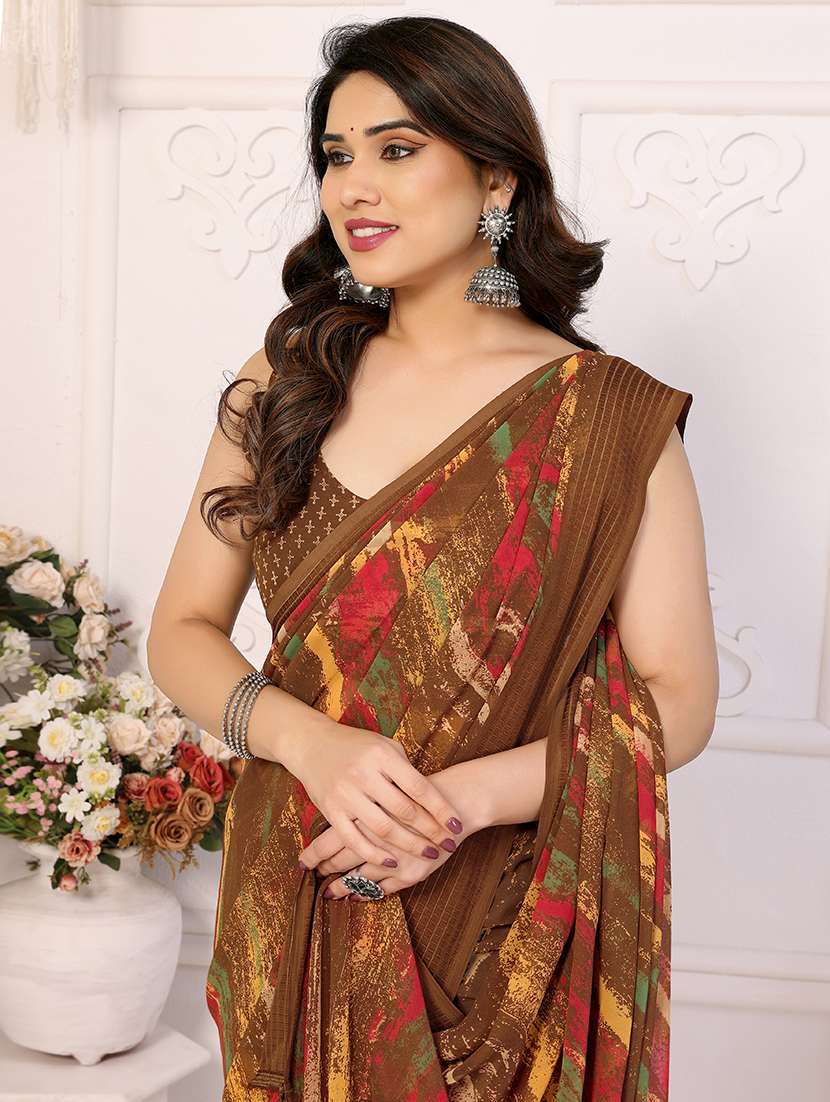 women brown printed saree with blouse - 21956641 -  Standard Image - 4