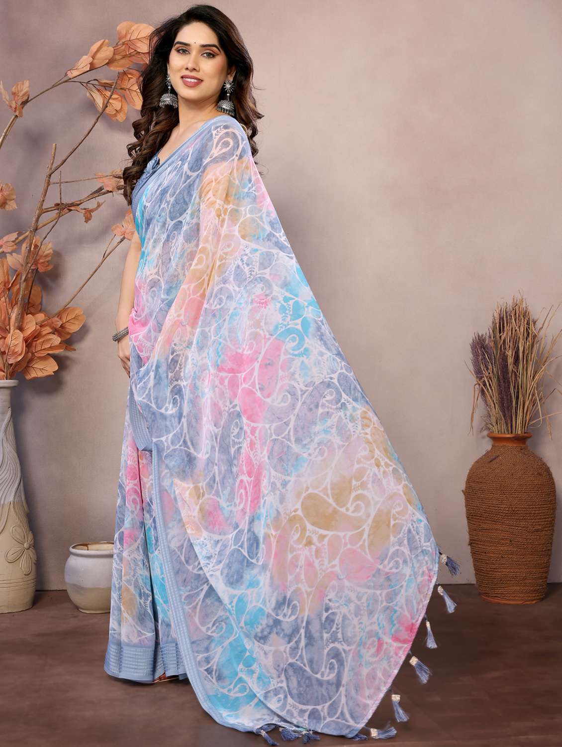 women grey printed saree with blouse - 21956642 -  Standard Image - 1