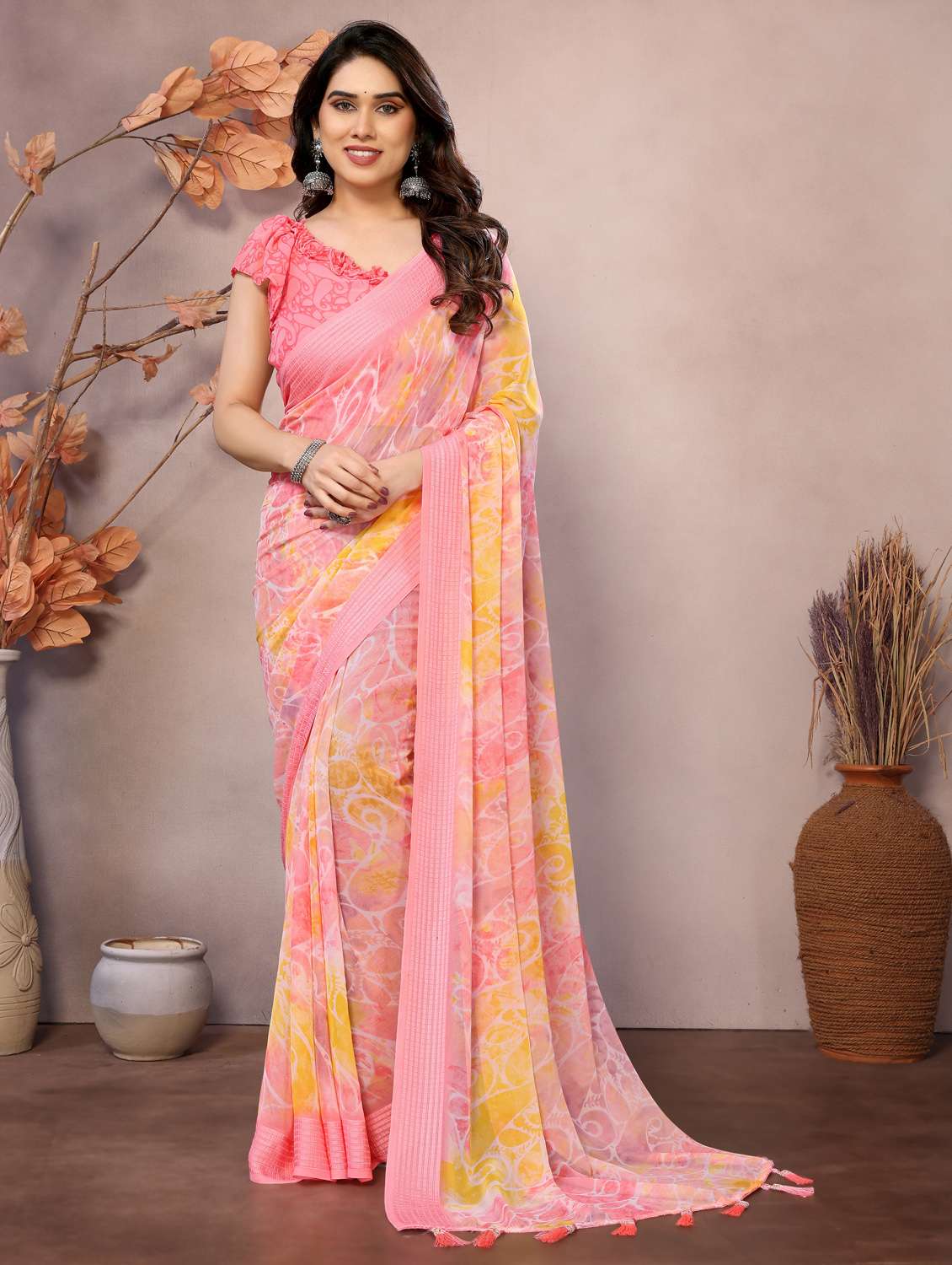 women pink printed saree with blouse - 21956643 -  Standard Image - 4