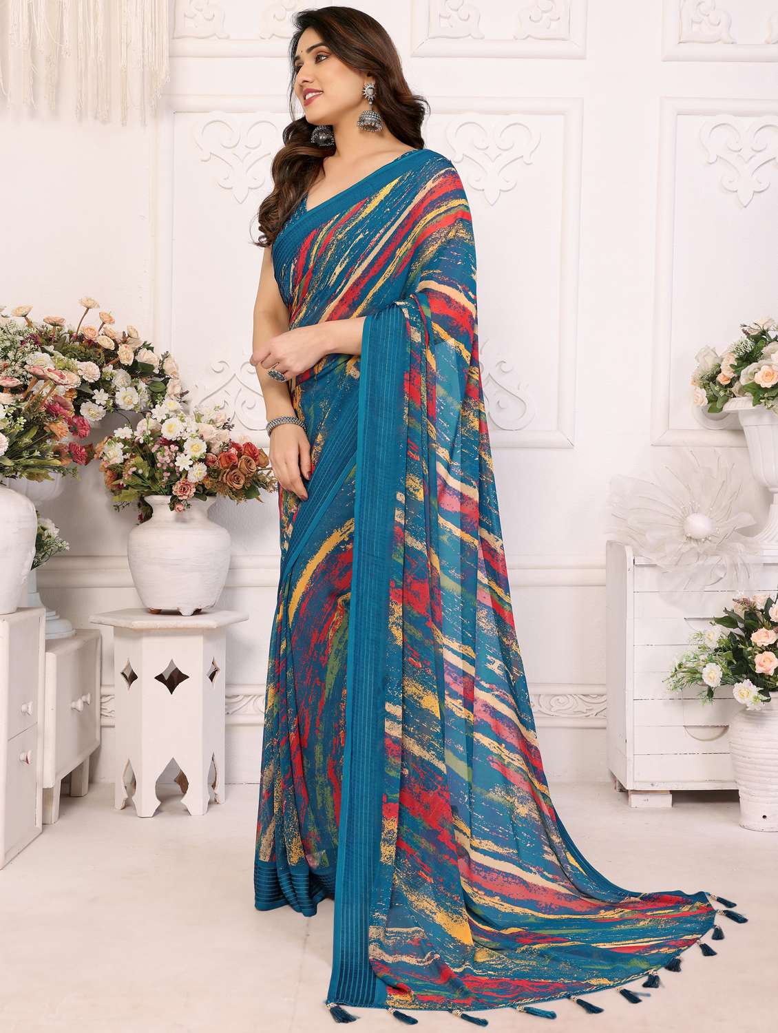 women teal printed saree with blouse - 21956645 -  Standard Image - 1