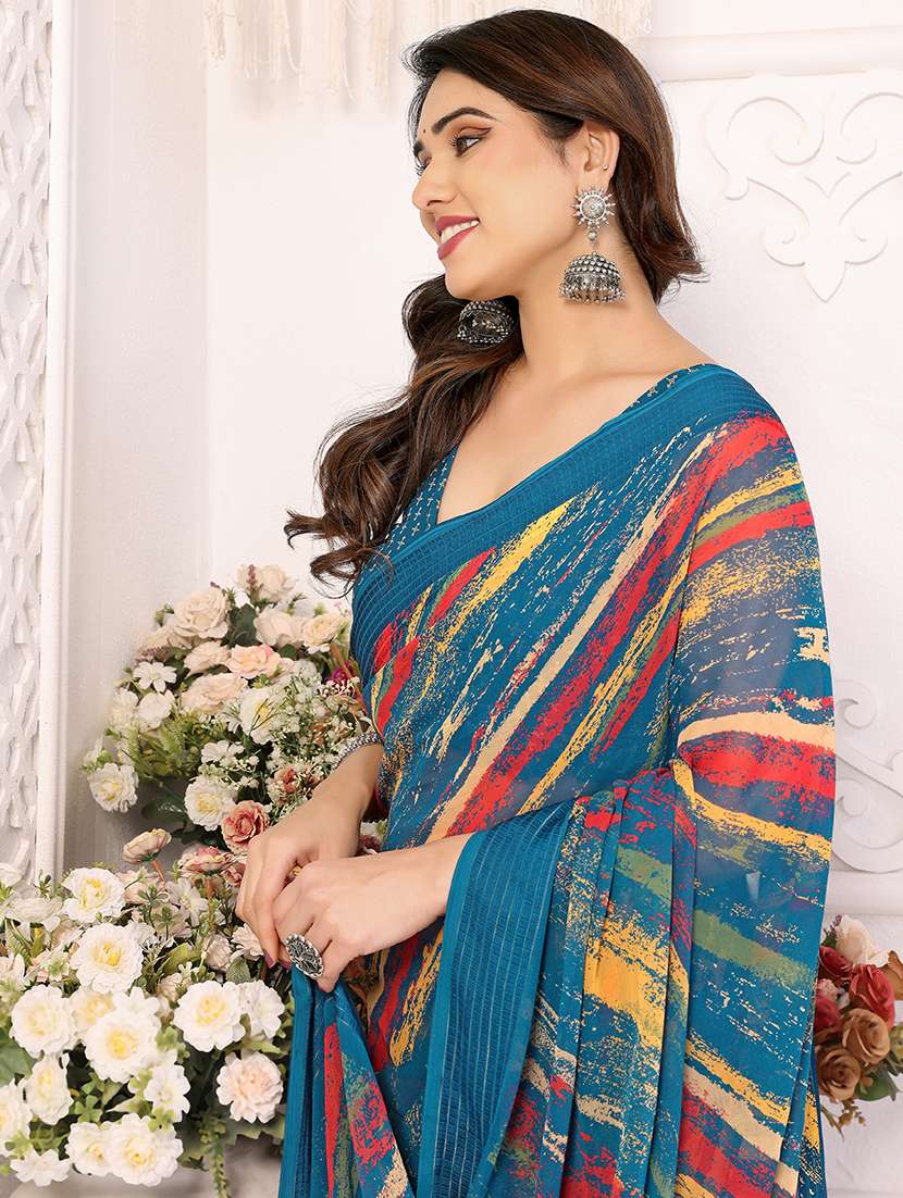 women teal printed saree with blouse - 21956645 -  Standard Image - 4