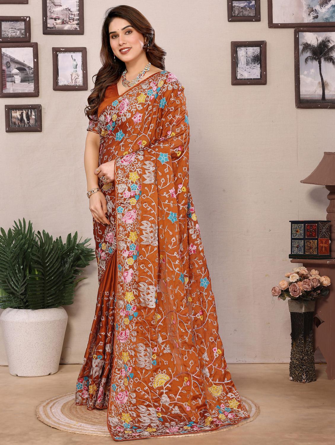 women solid with work embroidered saree with blouse - 21956657 -  Standard Image - 1