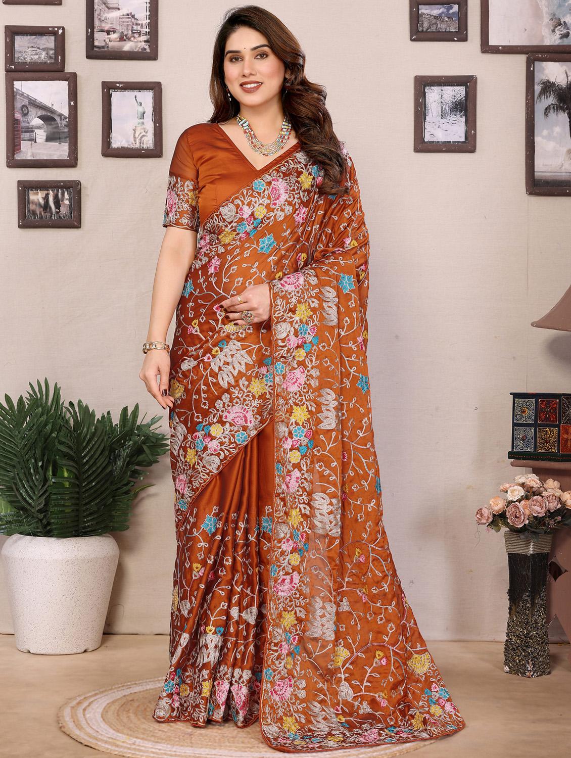 women solid with work embroidered saree with blouse - 21956657 - Standard Image - 4