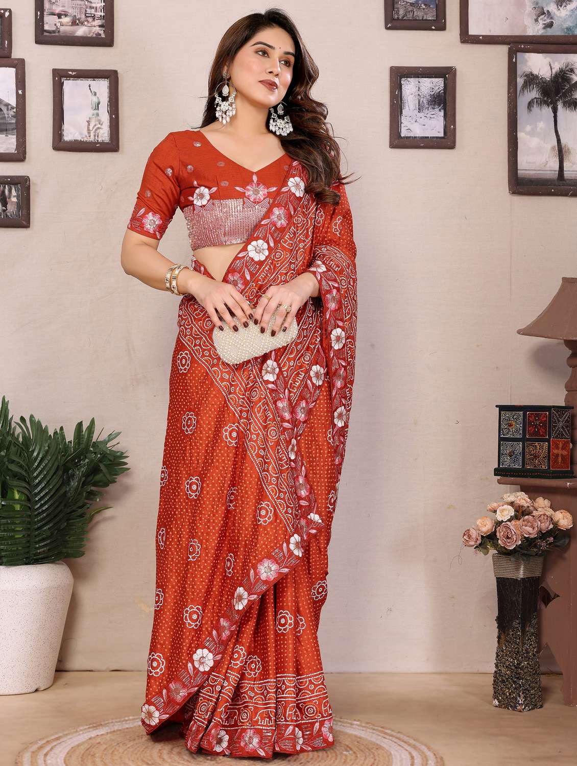 women bandhani embroidered bordered saree with blouse - 21956658 -  Standard Image - 1