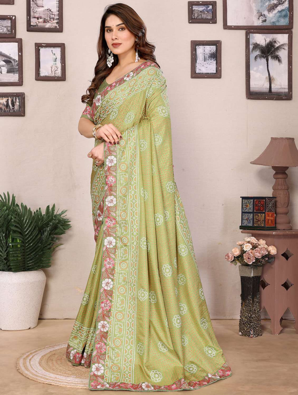 women bandhani embroidered bordered saree with blouse - 21956659 -  Standard Image - 1