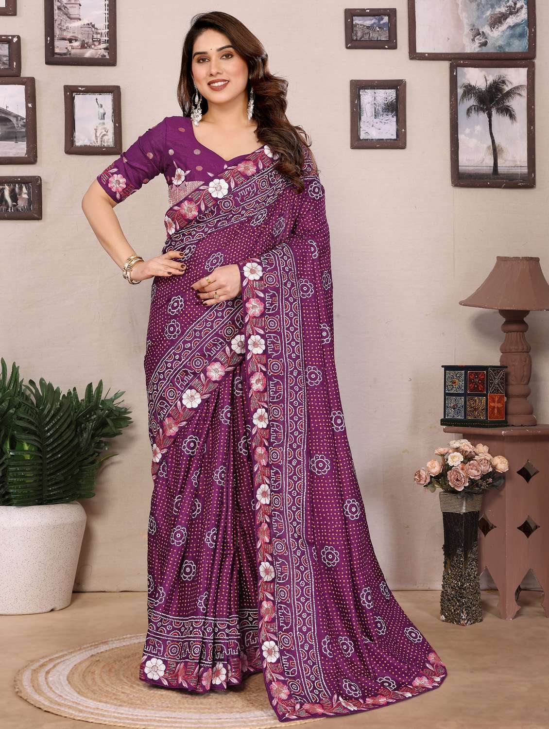 women bandhani embroidered bordered saree with blouse - 21956660 -  Standard Image - 1