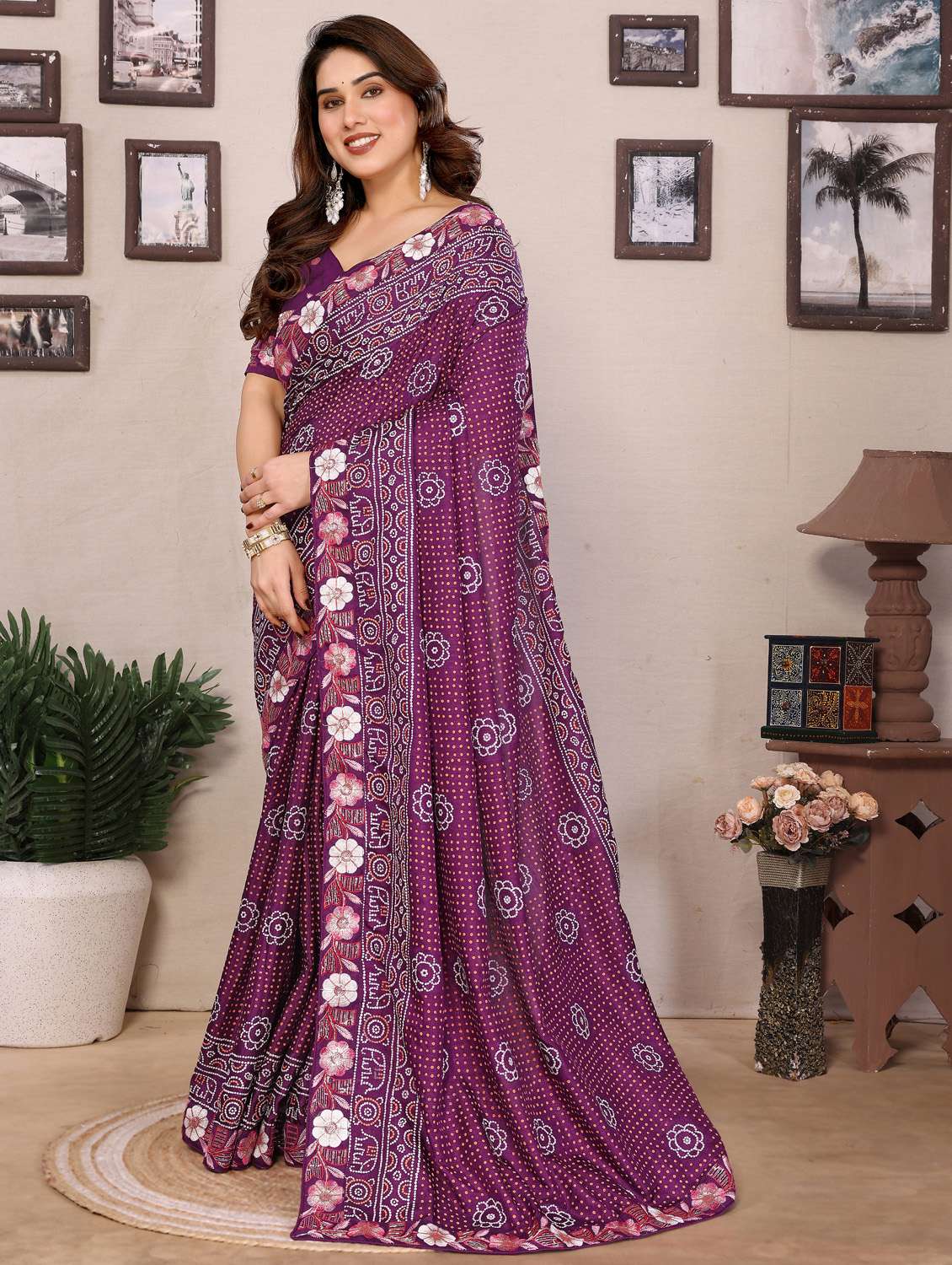 women bandhani embroidered bordered saree with blouse - 21956660 -  Standard Image - 4