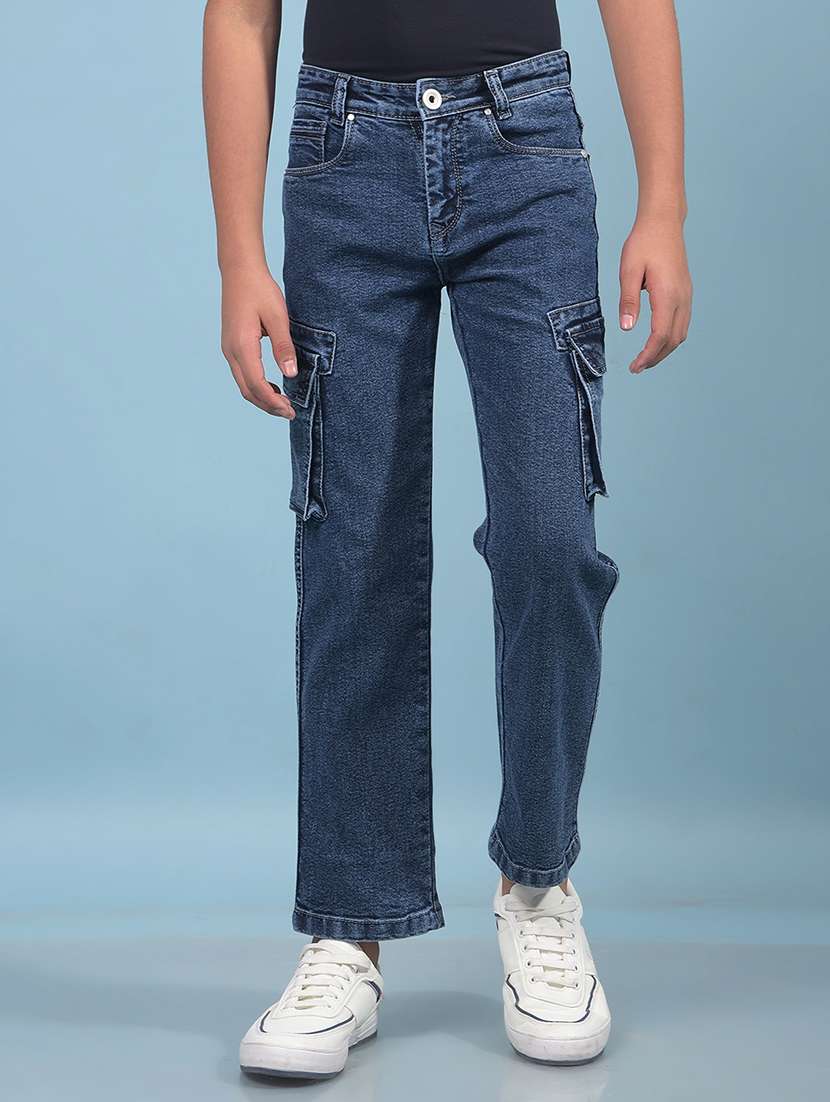 boys solid mid rise denim cargo