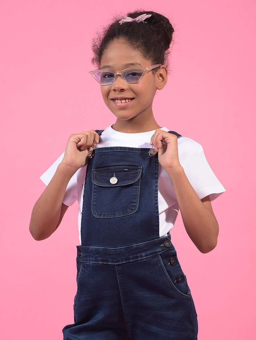 girls' dark blue denim full length dungaree  - 21956783 -  Standard Image - 1