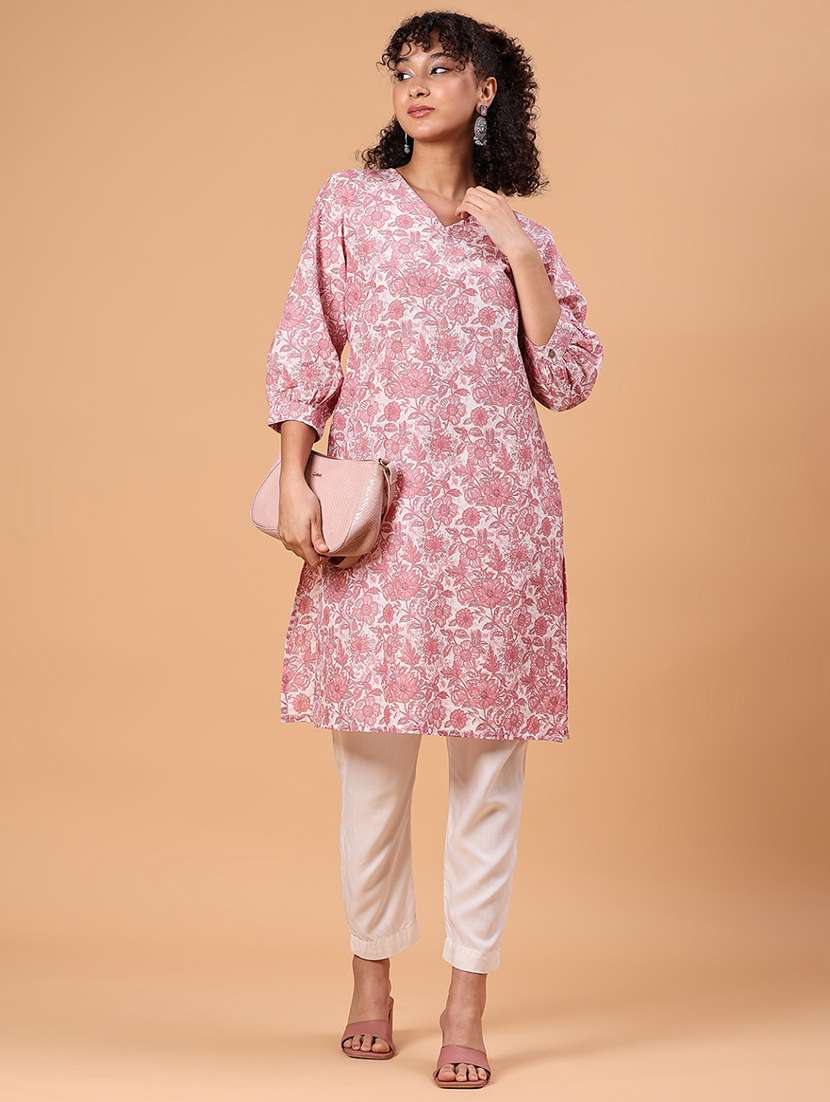 women printed three quarter sleeve straight kurta - 21956915 - Standard Image - 1
