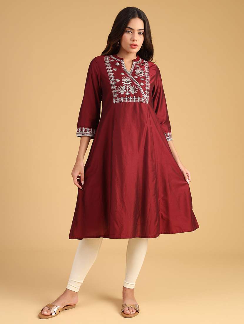 women embroidered three quarter sleeve a-line kurta - 21956931 -  Standard Image - 1