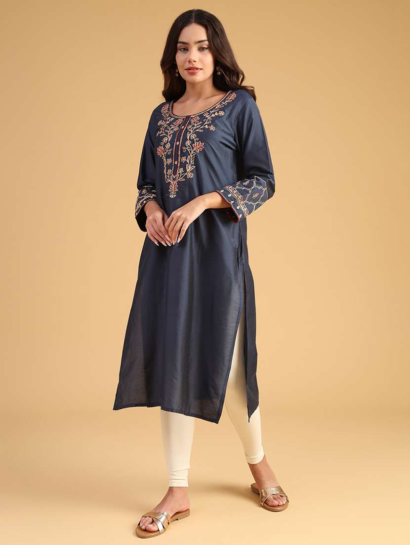 women embroidered long sleeve straight kurta - 21956932 -  Standard Image - 1