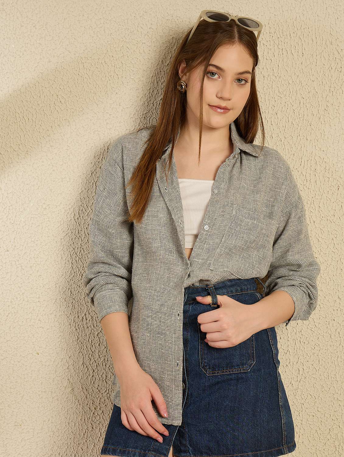 women grey solid collared long sleeve oversized shirt