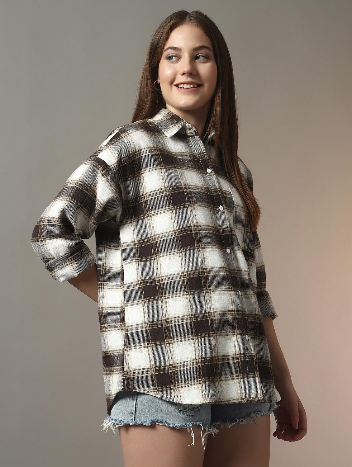 women checkered collared long sleeve oversized shirt - 21956941 - Standard Image - 1