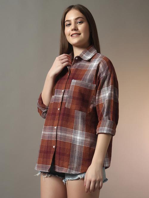 women checkered collared long sleeve oversized shirt - 21956942 -  Standard Image - 0