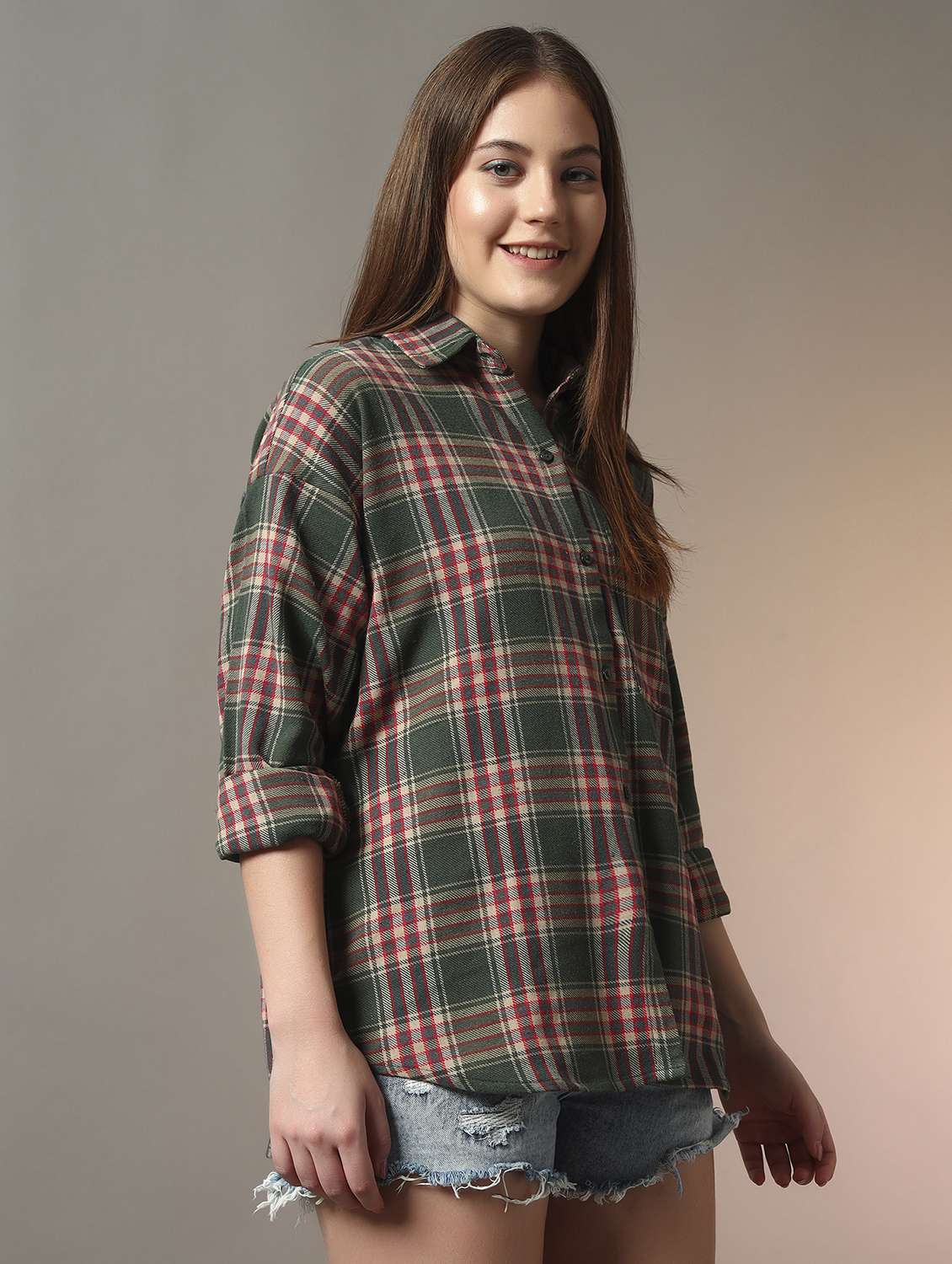 women checkered collared long sleeve oversized shirt - 21956944 -  Standard Image - 1