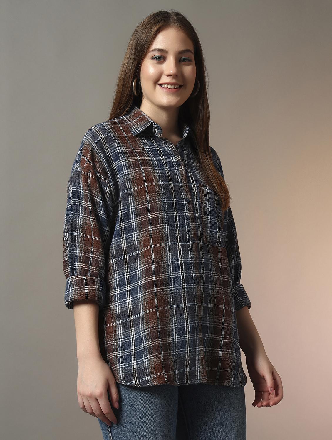 women checkered collared long sleeve oversized shirt - 21956945 - Standard Image - 1