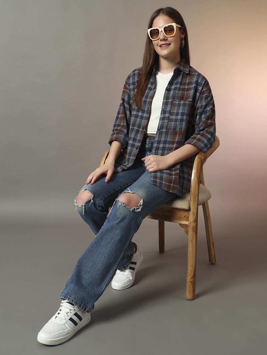 women checkered collared long sleeve oversized shirt - 21956945 - Standard Image - 4