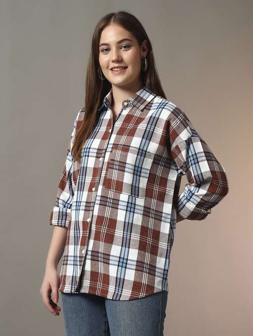 women checkered collared long sleeve oversized shirt - 21956946 - Standard Image - 0