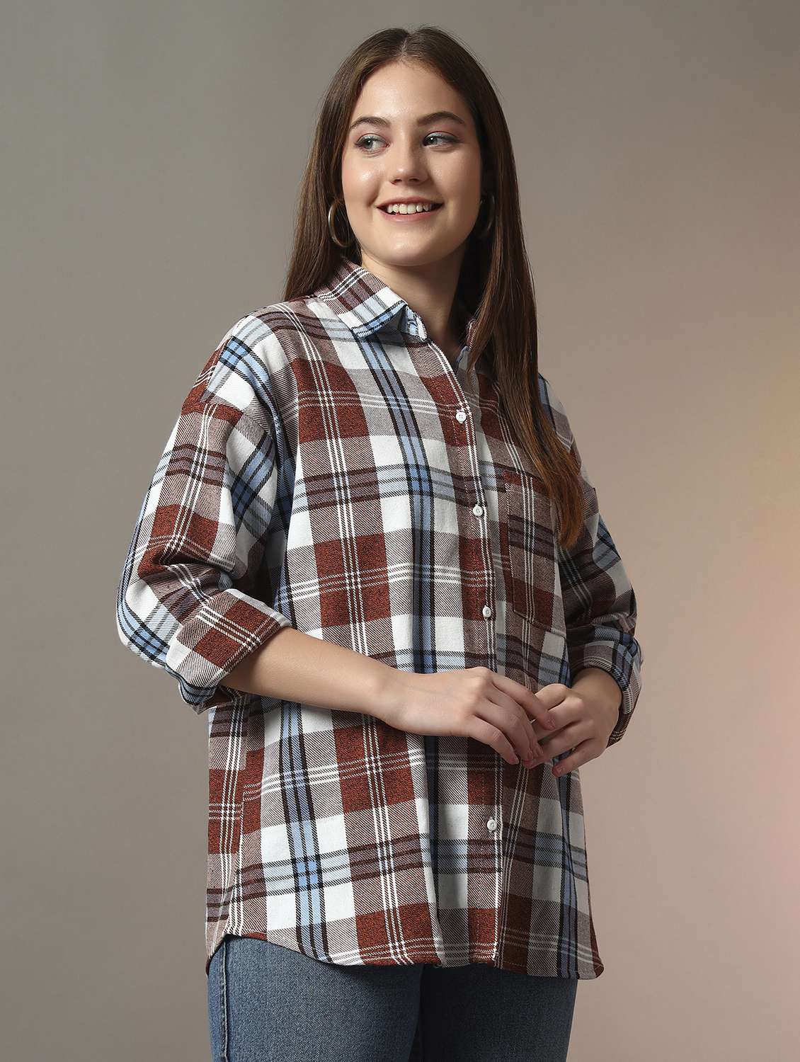 women checkered collared long sleeve oversized shirt - 21956946 - Standard Image - 1