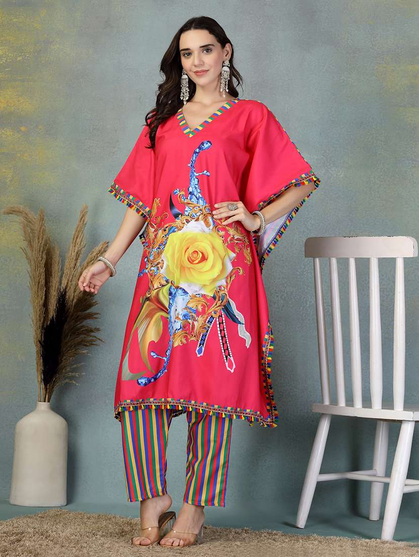women printed kimono sleeve kaftan kurta pant set