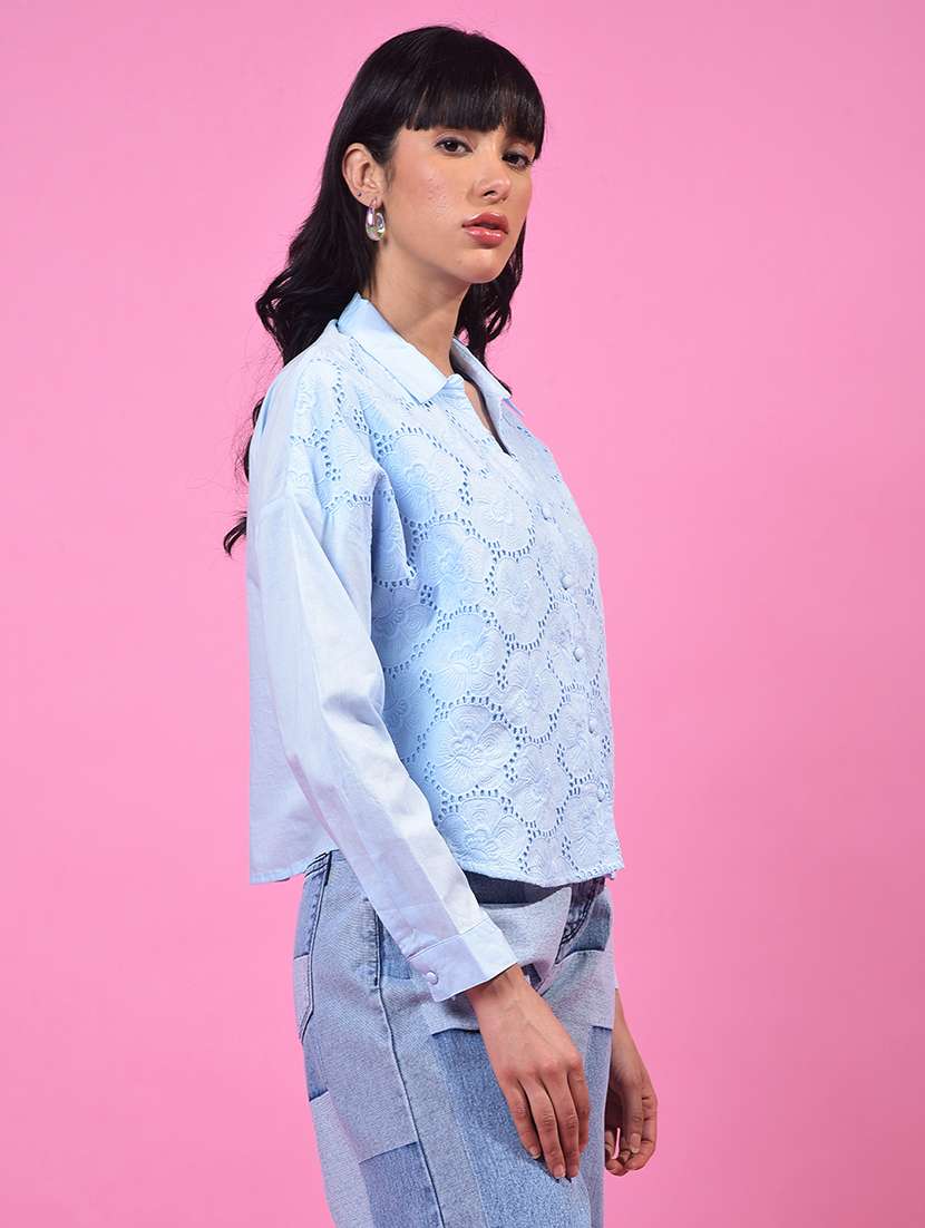 women collared long sleeve crop schiffli shirt - 21957025 -  Standard Image - 1