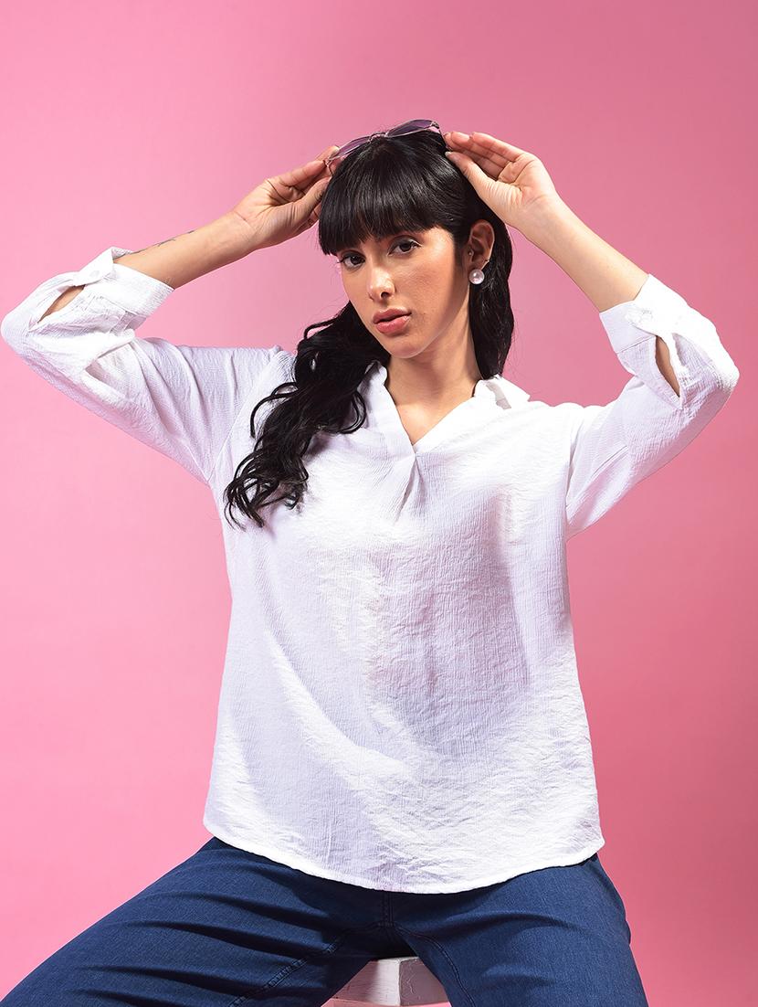 women white solid collared relaxed fit shirt top - 21957033 - Zoom Image - 0