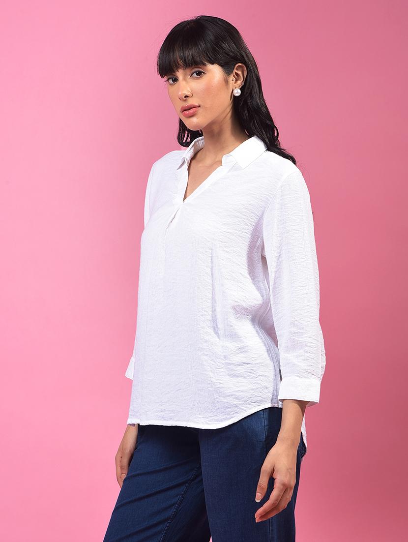 women white solid collared relaxed fit shirt top - 21957033 - Standard Image - 1