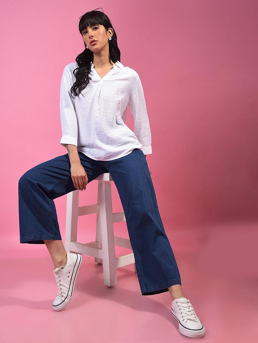 women white solid collared relaxed fit shirt top - 21957033 - Standard Image - 4