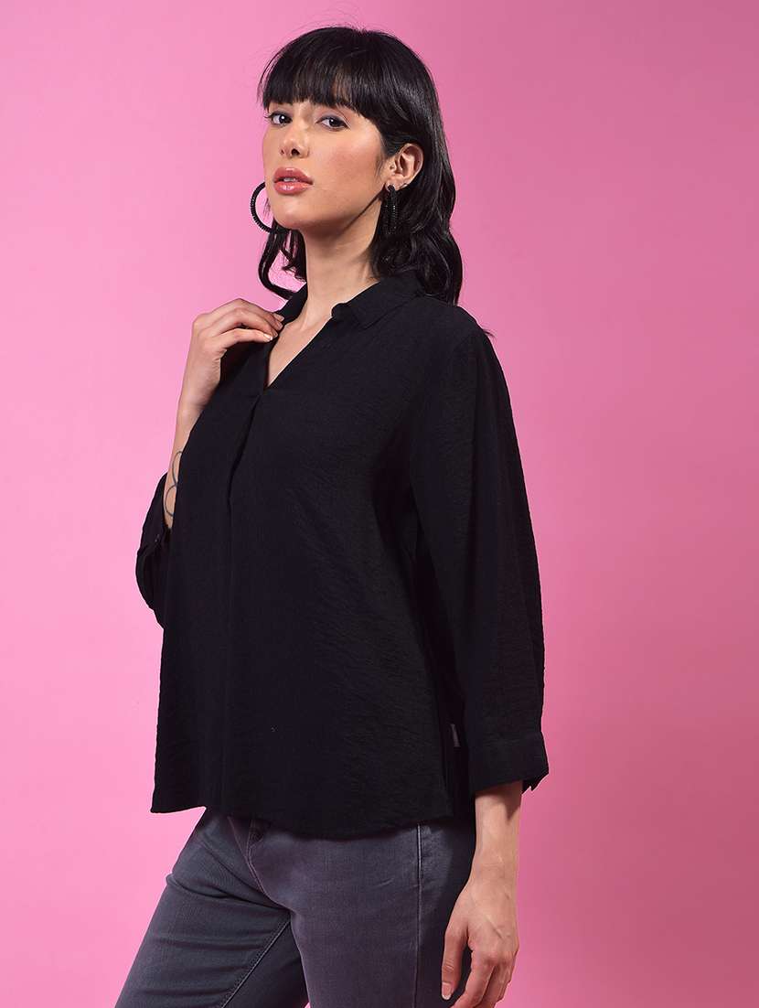 women black solid collared high low top