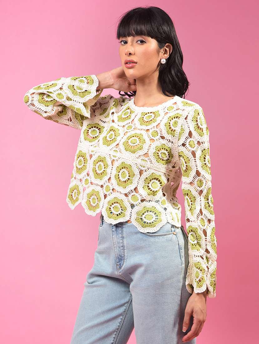 women green long sleeve crop crochet top - 21957036 -  Standard Image - 1