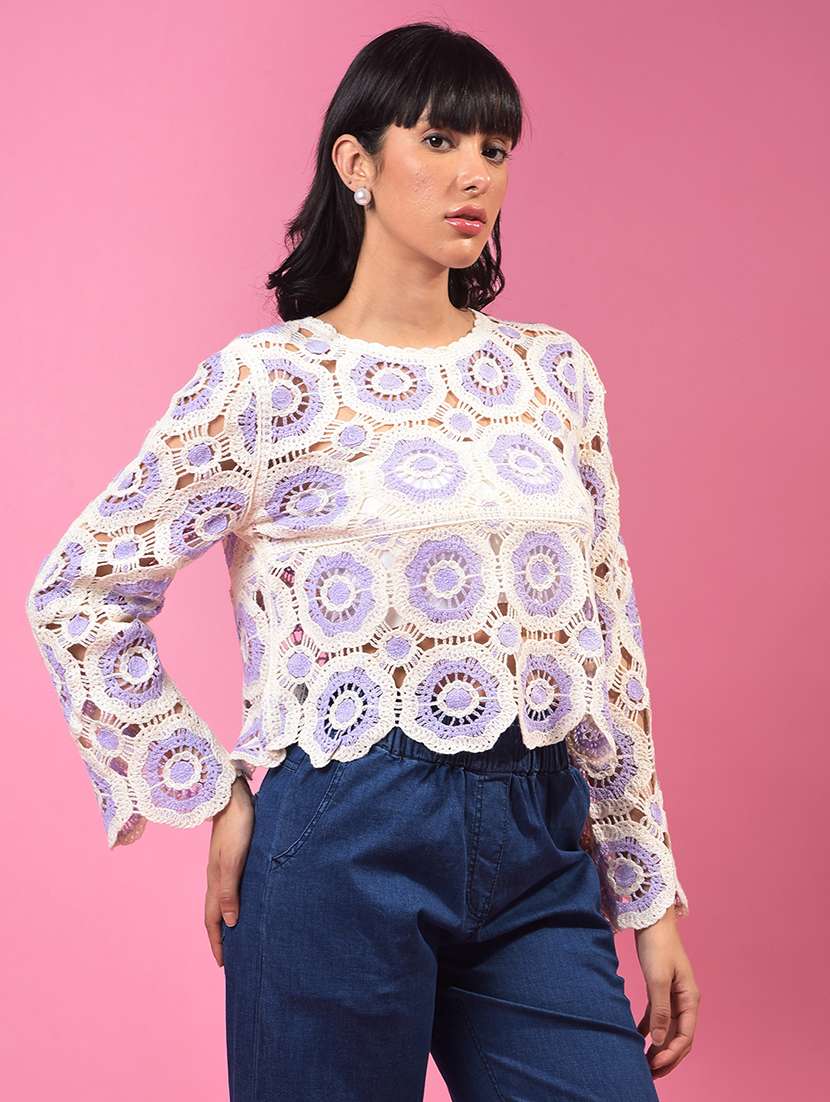 women lavender long sleeve crop crochet top - 21957037 -  Standard Image - 1