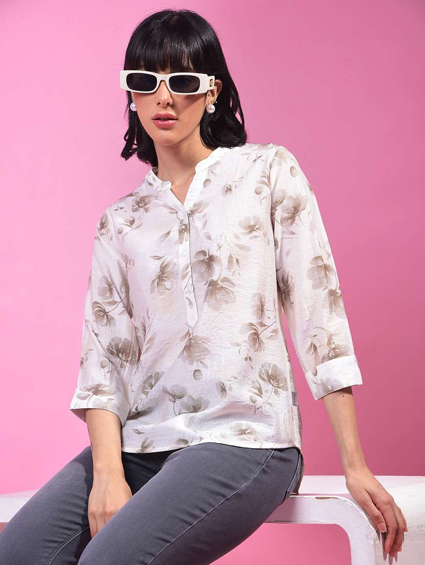 women off white floral print mandarin neck top