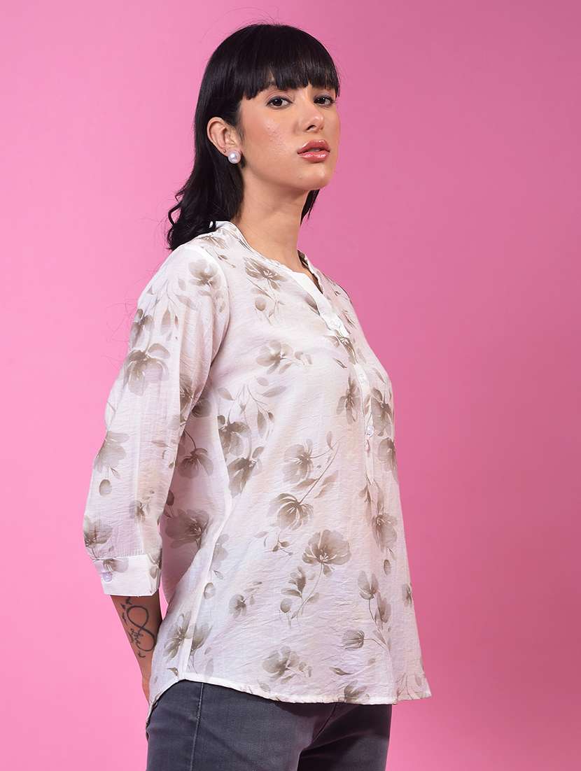 women off white floral print mandarin neck top - 21957038 - Standard Image - 1