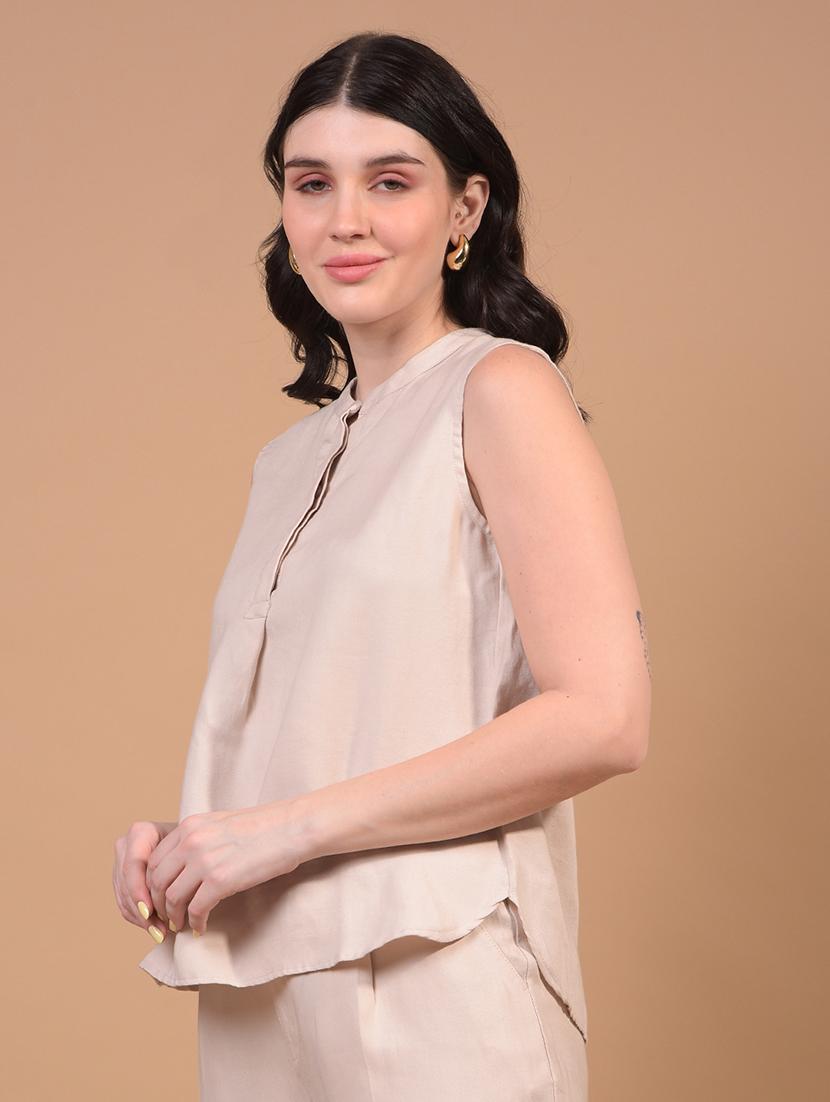 women beige solid mandarin neck sleeveless top - 21957043 -  Standard Image - 1