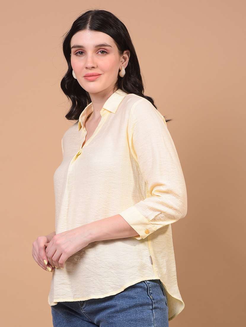 women yellow solid collared high low top - 21957044 - Standard Image - 1