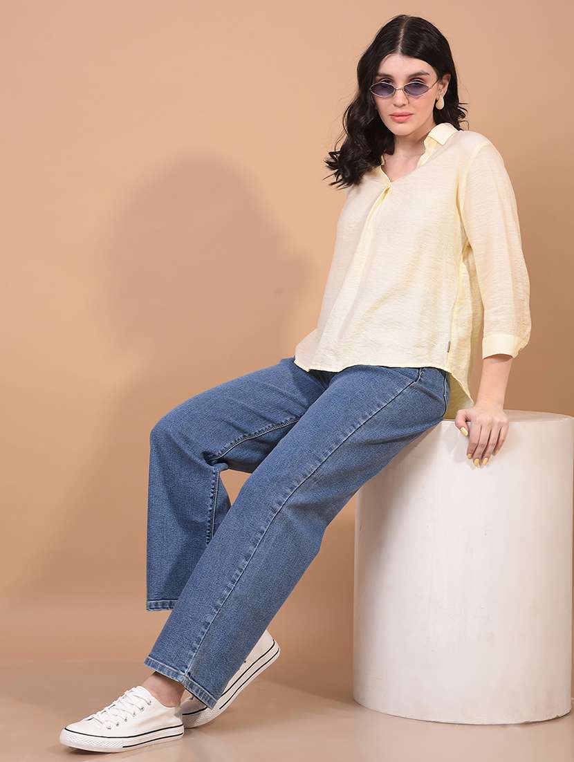 women yellow solid collared high low top - 21957044 - Standard Image - 4