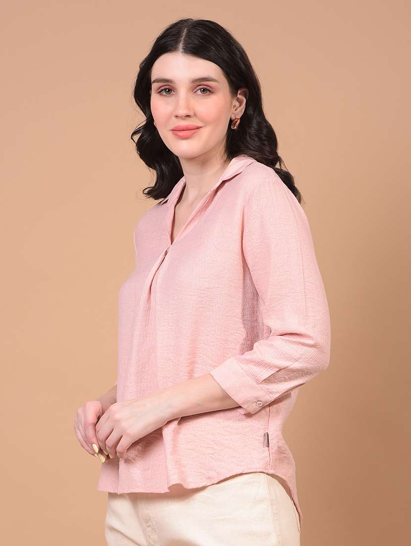 women pink solid collared high low top - 21957045 -  Standard Image - 1