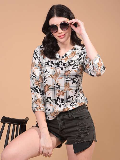 women printed collared three quarter sleeve top - 21957046 - Standard Image - 0