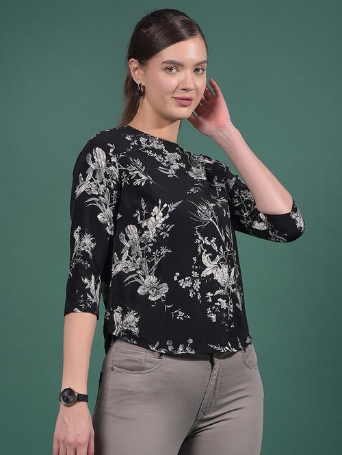 women black floral print three quarter sleeve top - 21957047 - Standard Image - 0