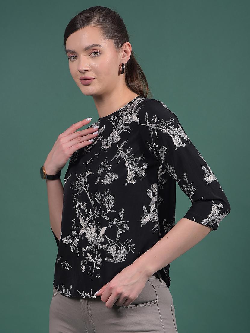 women black floral print three quarter sleeve top - 21957047 - Standard Image - 1