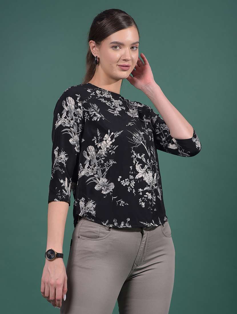 women black floral print three quarter sleeve top - 21957047 - Standard Image - 1