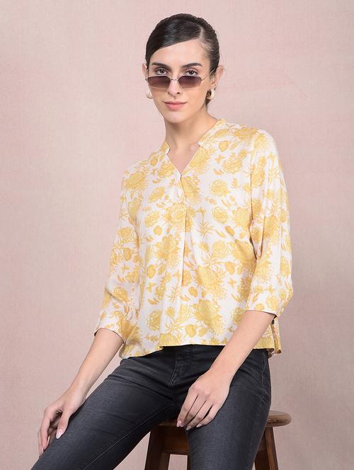 women yellow floral print mandarin neck top - 21957048 - Standard Image - 0